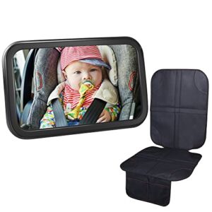 BIG ELEPHANT Baby Car Seat Protector and Car Mirror Set- Infant Carseat Mat, Stable Child Rear Facing Mirror with Wide Clear View