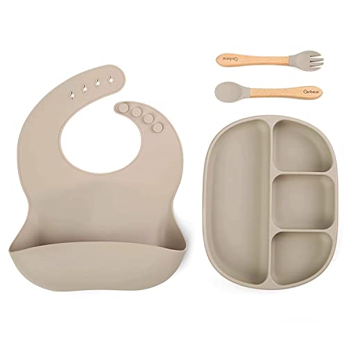 Ginbear Baby Plates with Suction, Silicone Bibs, Baby Led Weaning Utensils, Toddler Eating Set (Almond) | The Storepaperoomates Retail Market - Fast Affordable Shopping