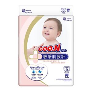 GOO.N Plus+ Diapers M Size (up to 24 lb) Unisex 64 Count Japanese Tape Straps Sensitive Skin, Made in Japan