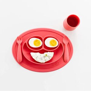 ezpz Mini Collection Set (Coral) – 100% Silicone Cup, Fork, Spoon & Mini Mat Suction Plate with Built-in Placemat for Infants + Toddlers – First Foods + Self-Feeding – 12 Months+