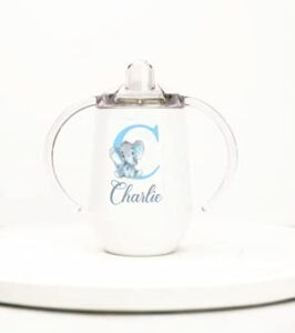 Personalized Insulated Stainless Steel Sippy Cup | Any Name or Text | Blue Elephant Initial and Name | Sippy cup for toddlers | Sippy cup for baby