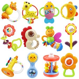 MOONTOY 12pcs Baby Rattle Teething Toys, Infant Teether Shaker Grab and Spin Rattles Toy, Musical Toy Set, Early Educational Newborn Chew Toys Gifts for 0, 3, 6, 9, 12 Months Infant Baby Boys Girls