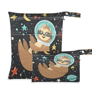 2pcs Cute Astronaut Sloth Cloth Diaper Wet Dry Bag Waterproof Reusable Wet Dry Organizer,Moon Stars Washable Wet Bag with Two Zippered Pockets for Travel Beach Gym Swimsuits Toiletries