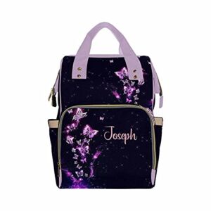 Personalized Backpack Diaper Bag Purple Butterflies on Black Custom Your Name Mommy Bag Backpack Gift Mommy Bag