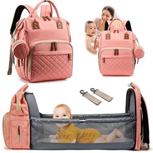 Axcone 3 in 1 Foldable Baby Diaper Bag Backpack Crib Unisex Travel Bed Nappy for Boys & Girls Waterproof Stroller Straps Large Capacity Pink