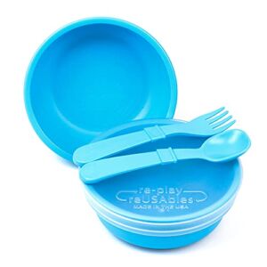 RE-PLAY | Made in USA | 5 Piece Toddler Feeding Set of 2 Wide Base Bowls , Silicone Storage Lid, Utensils | BPA Free | Made from Eco-Friendly Recycled Milk Jugs – Virtually Indestructible | Sky Blue