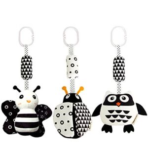 AIPINQI 3 Pack Hanging Rattle Toys ,High Contrast Baby Toys and Plush Stroller Toys for Babies 0-18 Months,Newborn Car Seat Toys with Black and White Cartoon Shapes,(Ladybug,Bee & Owl)