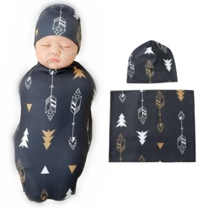 Galabloomer Newborn Swaddle Blanket with Beanie Set Baby Boy Receiving Blanket… (Gold Arrow)
