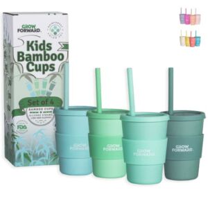 Grow Forward Kids Bamboo Cups – Kids Cups with Straws and Lids – Eco Friendly BPA Free – Dishwasher Safe – Straw Cups for Kids with Silicone Lids and Sleeves – Drinking, Smoothies – Rainforest