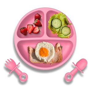 Baby Suction Plate with Self-Feeding Spoon Fork – BPA Free Infant Newborn Utensil Set for Self-Training, Suction Plates for Babies Toddlers, Dishwasher Microwave Safe (Pink)
