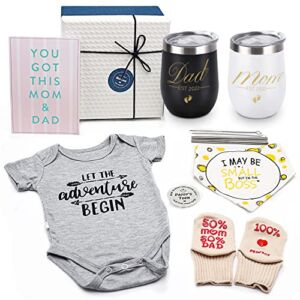 Pregnancy Gifts for First Time Moms Dad, Mommy and Daddy Est 2022 Stainless Steel Wine Tumbler Set with Onesie Baby Socks Drool Bib and Decision Coin – Top New Parents Gifts Idea for Gender Reveal