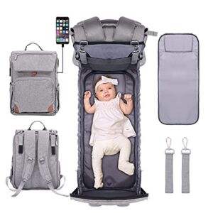 Diaper Bag Backpack, Baby Bag with Changing Station, Diaper Bag Multifunctional Foldable Bassinet with Waterproof Changing Pad, Insulated Pockets, USB Charging Port, Sunshade – Gray