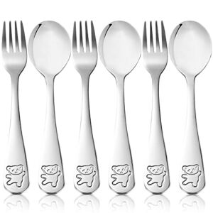 6 Pieces Stainless Steel Kids Flatware, Mirror Polished Child Toddler Silverware Little Bear Spoon and Fork Set, 3 x Safe Forks,3 x Children Tablespoons for Lunch Box