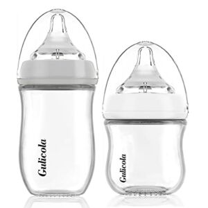 Gulicola Natural Glass Baby Bottle for Breastfed Babies, Slow & Medium Flow, Anti-Colic, 0-6 Months, 3oz & 5oz, 2 Count(Grey White)