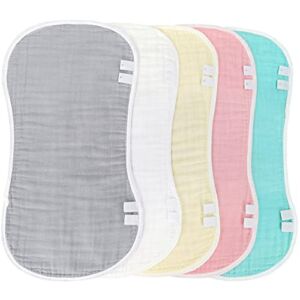 Muslin Burp Cloths for Baby Boys and Girls – 6 Layers Thicken Extra Soft and Absorbent, (Multicolored, 5-Piece Set Burp Cloths with Snaps)