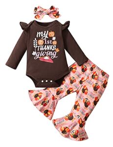 Happidoo Newborn Girls My First Thanksgiving Outfit Baby Girl Pumpkin Gobble Turkey Pant Set (Pink-Flared Pants,0-3 Months)