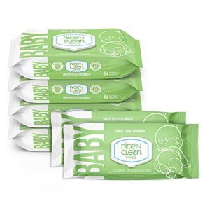 Nice ‘N Clean Scented Baby Wipes | Made with Plant-Based Fibers | Green Tea Cucumber Scent | 64 Wipes (Pack of 6)