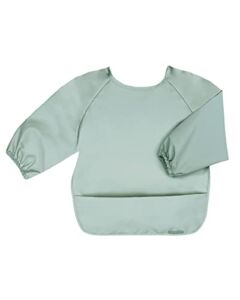 WILLOW + SIM Long Sleeve No Ruffle Baby Bibs – Wipe Clean, Washable with Food Catcher – Long Sleeve Bib for Babies, Toddler – Sage