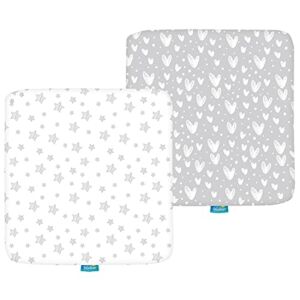 Square Playard/Playpen Fitted Sheets, Perfect for 36 X 36 Portable Playard, 2 Pack, 100% Jersey Knit Cotton Fitted Sheets, Grey Stripes and Hearts Print for Baby Boy and Baby Girl