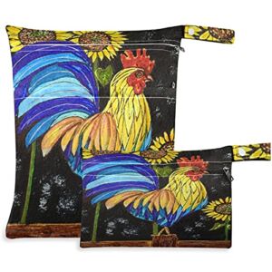 visesunny 2Pcs Wet Bag with Zippered Pockets Colored Rooster Sunflower Washable Reusable Roomy Diaper Bag for Travel,Beach,Pool,Daycare,Stroller,Diapers,Dirty Gym Clothes, Wet Swimsuits, Toiletries