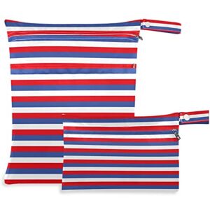 visesunny Patriotic American Blue Red White Stripe 2Pcs Wet Bag with Zippered Pockets Washable Reusable Roomy for Travel,Beach,Pool,Daycare,Stroller,Diapers,Dirty Gym Clothes, Wet Swimsuits, Toiletrie
