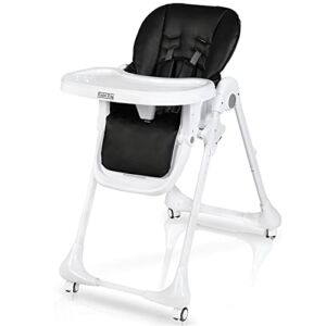 Kinder King 3 in 1 Baby High Chair w/4 Lockable Wheels, Converts to Toddler Chair, Simple Fold Highchair for Infants, Adjustable Height, Recline & Footrest, Detachable Double Trays, PU Cushion,Black