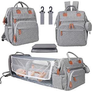 Puninoto Diaper Bag, Foldable Diaper Bag Tote with Changing Station, Portable Baby Travel Diaper Bag Backpack, Baby Crib with Sunshade Mosquito Net, Large Capacity Multi-Function Waterproof (Grey)