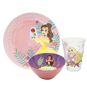 Zak Designs Disney Princess Dinnerware Set Includes Embossed Plate, Bowl, and Tumbler, Made of Durable Plastic Material and Perfect for Kids (3 Piece Set, Ariel & Belle & Rapunzel)