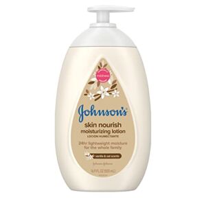 Johnson’s Skin Nourish Moisturizing Baby Lotion for Dry Skin with Vanilla & Oat Scents, Gentle & Lightweight Body Lotion for The Whole Family, Hypoallergenic, Dye-Free, 16.9 fl. oz