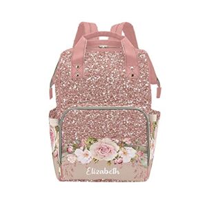 Personalized Rose Gold Blush Pink Floral Diaper Bag with Name Nappy Bags Casual Daypack Waterproof Mummy Backpack for Mom Girl