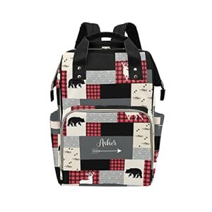 Yeshop Deer Bear Plaid Faux Patchwork Quilt Personalized Diaper Bag Backpack Tote with Name,Custom Travel Nappy Mommy Bag Backpack for Baby Girl Boy Gift, 10.83 inch * 6.69 inch * 15 inch