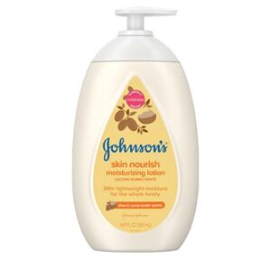 Johnson’s Skin Nourish Moisturizing Baby Lotion for Dry Skin with Shea & Cocoa Butter Scents, Gentle & Lightweight Body Lotion for The Whole Family, Hypoallergenic, Dye-Free, 16.9 fl. oz