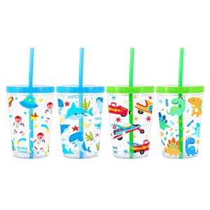 Home Tune 16oz Kids Tumbler Water Drinking Cup 4 Pack – BPA Free, Straw Lid Cup, Reusable, Lightweight, Spill-Proof Water Bottle with Cute Design for Girls & Boys – Shark, Car, Space, Dinosaur