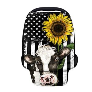 HUIACONG Baby Car Seat Covers for Girls Sunflower Cow Infant Carseat Cover Canopy Babies Boys American Flag Stripe Nursing Cover for Breastfeeding Scarf Breathable