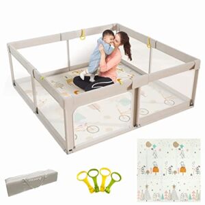 Mloong Baby Playpen with Mat, 59×59 Inches Extra Large Playpen for Babies and Toddlers, Indoor & Outdoor Activity Center, Safety Baby Fence with Gate, Baby Play Pen with Play Mat, Baby Play Yards