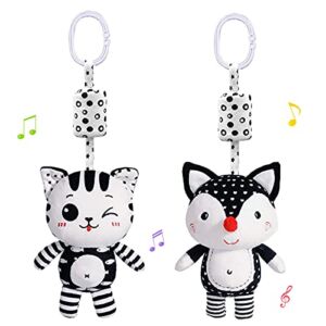 2 Packs Baby Rattles Toys, Hanging Stroller Toys Car Seat Toy with Wind Chime for Newborn 0-36 Months, Fox and Cat Clip Hanging Plush Squeeze Toys