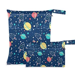 xigua Outer Space Wet Dry Bag 2 Pack Waterproof Hanging Cloth Diaper Organizer Bag with Two Zipper Pocket for Diaper,Swimsuit,Wet Clothes,Toiletries,Gym Clothes
