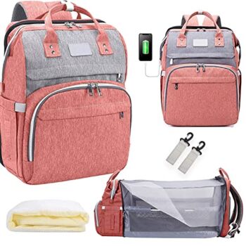 Lykia Baby Diaper Bag Backpack with Changing Station-Travel Bassinet-Large Capacity-Sunshade Cloth-Mosquito Net-Sleeping Pad-Built-in USB Charging Port-Stroller Straps-Durable-Waterproof (Pink-Grey) | The Storepaperoomates Retail Market - Fast Affordable Shopping