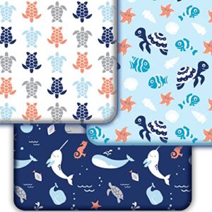 GROW WILD Crib Sheets for Boys or Girls | 3 Pack Soft Jersey Cotton Fitted Crib Sheets Neutral | White Blue Baby Crib Sheets for Girl, Crib Mattress Sheet or Toddler Bed Sheets | Ocean Whale Narwhal