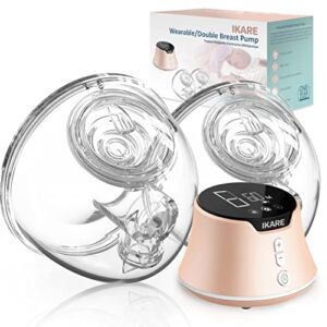 IKARE Double Wearable Breast Pump Hands Free, Portable Electric Breastfeeding Pump with 3 Mode & 9 Levels, Rechargeable Milk Pump with LCD Display & Soft Light, 24mm Flange, Super Quiet.