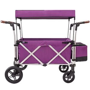 Unichart Push Wagon Stroller 2 Passenger Flodable Baby Stroller with Adjustable Handle Bars, Rain Cover, Carrying Bags & Basket, Double Seats with 5-Point Harness(Large, Purple)