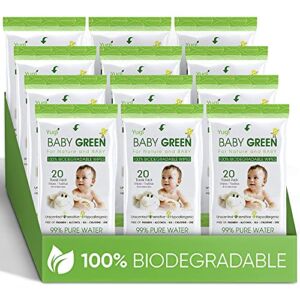 Baby Green Wipes Unscented compostable Organic Biodegradable – Travel Pack (12 Packs of 20) 240 for Sensitive Skin