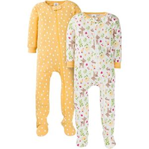 Gerber Baby Girls’ 2-Pack Footed Pajamas, Yellow Deer, 12 Months