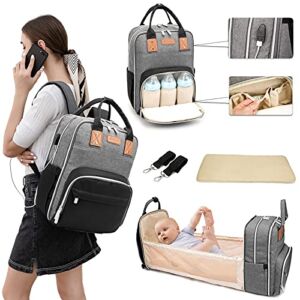 Dad Diaper Bag Backpack With Changing Station Built-in USB Port Portable Foldable Mommy Bag Waterproof Stylish Large Capacity Travel Bassinet It’s Ok To Install On Suitcases And Strollers (Black Gray)