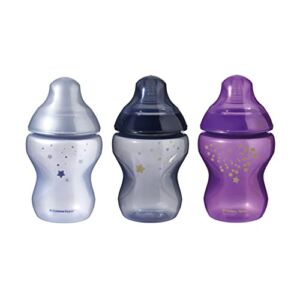 Tommee Tippee Closer to Nature Baby Bottles, Slow Flow Breast-Like Nipple with Anti-Colic Valve, 9oz, 3 Count, Midnight Skies