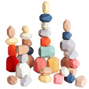 BESTAMTOY 36 PCs Wooden Sorting Stacking Rocks Balancing Stones ,Educational Preschool Learning Montessori Toys, Building Blocks Game for Kids 3 4 5 6 Years Boy and Girl Birthday Gifts