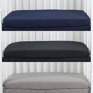 CaSaJa Microfiber 3 Pack Mini Portable Crib Sheets, Pack N Play Sheets with Comfy Napping Surface for Baby, Silky Soft Breathable Safe Playard Playpen Sheets Set, Fits 24″ x 38″, Navy + Black + Grey