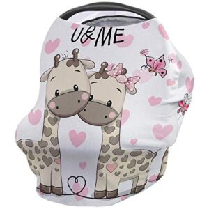 Nursing Cover Breastfeeding Scarf, Cute Cartoon Giraffe with Pink Hearts Butterfly Baby Car Seat Covers Stroller Cover, Multi-Use Carseat Canopy Cover for Boys and Girls Shower Gift