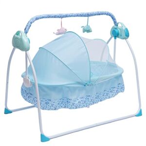 Baby Cradle Swing 5 Speed Electric Stand Crib Auto Rocking Chair Bed with Remote Control Infant Musical Sleeping Basket for 0-18 Months Newborn Babies, Mosquito Net+Mat+Pillow (Blue)