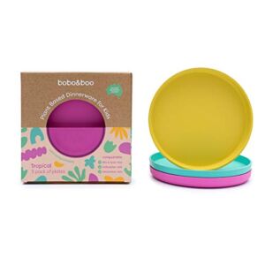 Bobo&Boo Colorful Plant-Based 7.5 inch Kids Plates for Toddler Eating – Set of 3, Plant-Based, Melamine-Free And Microwave Safe – Eco-Friendly Toddler Plate Set for Boys and Girls – Tropical